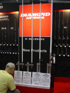 New Diamond verticals, left to right: SE100 2.25 meter tall 144/430 antenna,  SE5000 2.25 meter tall 144/430/1290 antenna, GH10R a 4.5 meter tall 28~29  MHz antenna, and the GH4015NR which is about 6 meters tall and covers 7/21  MHz